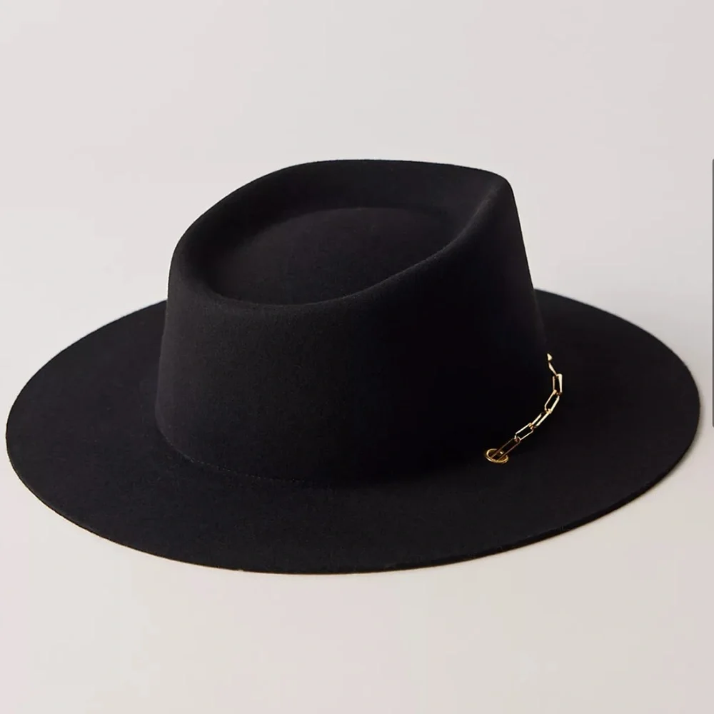 NWT Van Palma Black Wide-Brim Wool Fedora with Gold Chain Accent From France